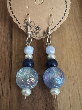 Handmade Iridescent Blue & Pearl Beaded Earrings w/ Aquamarine & Lapis Lazuli
